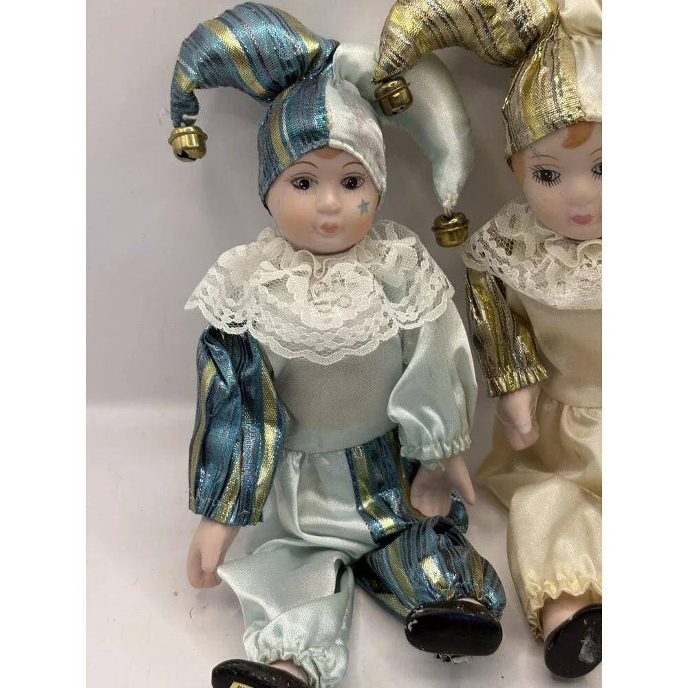 PAIR Porcelain Jester Doll Clown Gold Blue Las Vegas Gold Mardi Gras Bells 9.5”